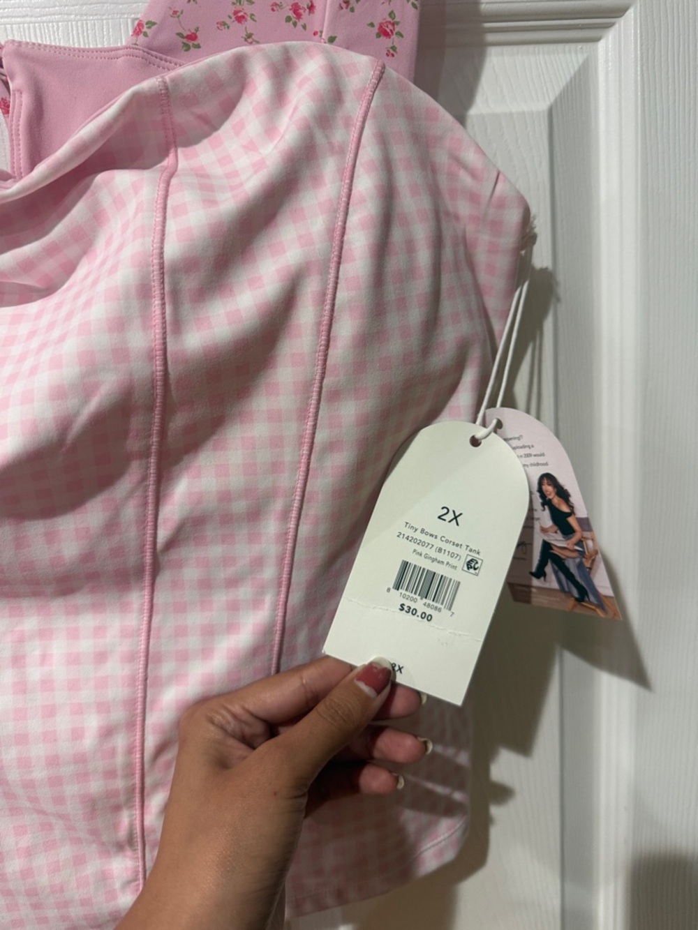 Pink Gingham Corset Crop Top with Floral Straps - Picture 4 of 5